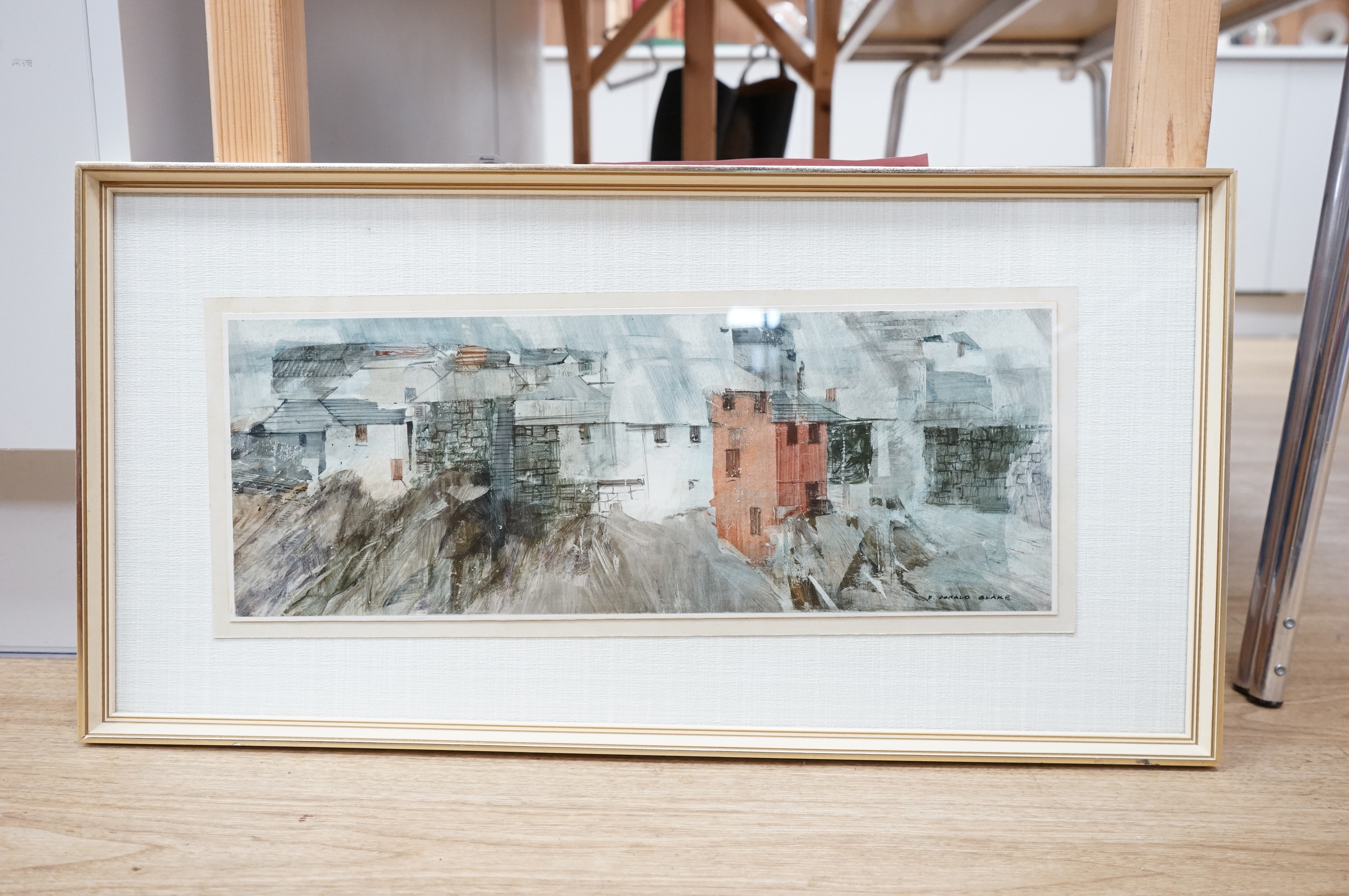 Frederick Donald Blake RI, RSMA (Scottish, 1908-1997), Study of buildings, signed, The Furneaux Gallery label verso, mixed media, 17 x 46cm